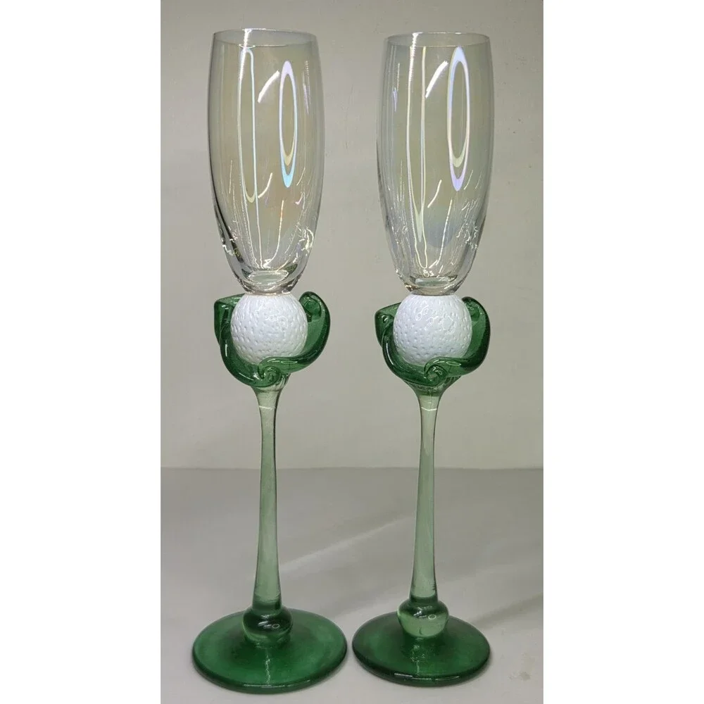 Pair Vintage Hand Blown Brioni Glass The Perfect Lie Champagne Flutes Golf Ball